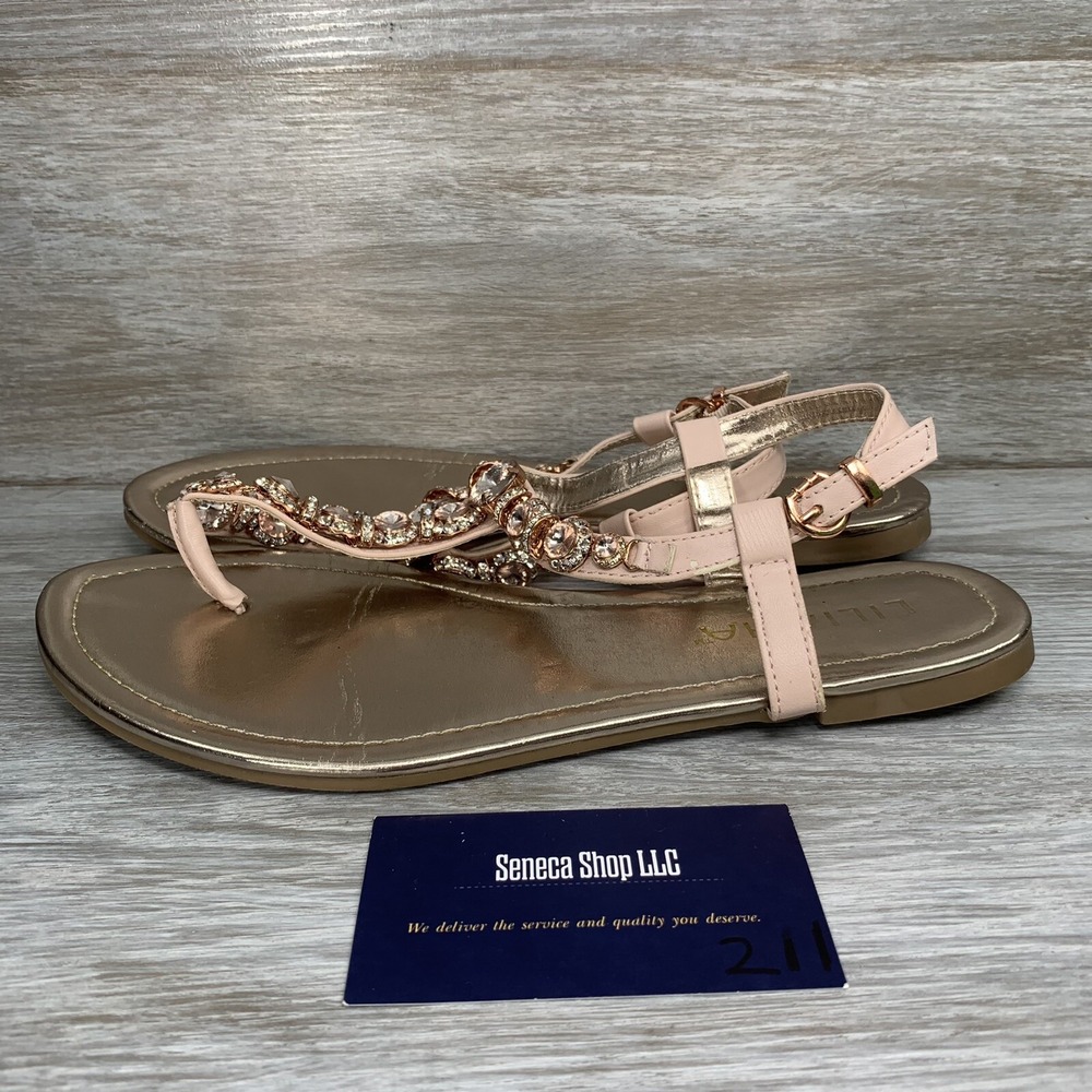 Liliana Womens T-Strap Rhinestone Sandals Pink Rose Gold Flat Size 8.5